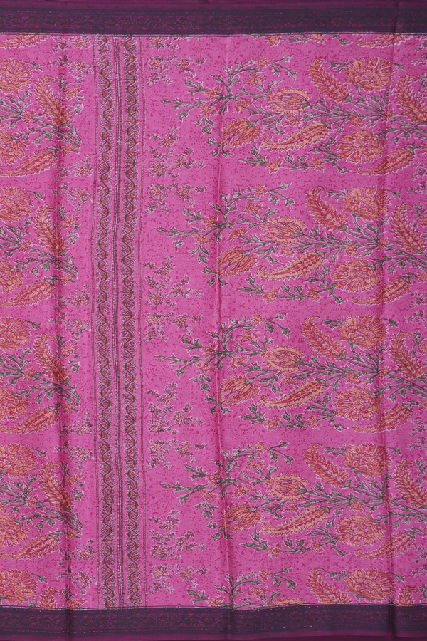 Printed Silk Saree In Pink With Floral Design