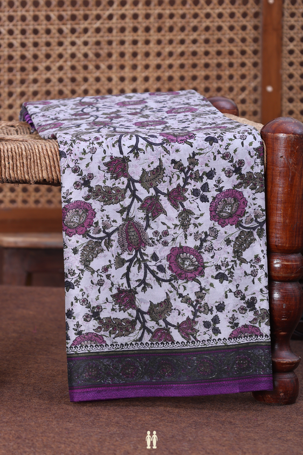 Printed Silk Saree In Light Grey With Floral Design