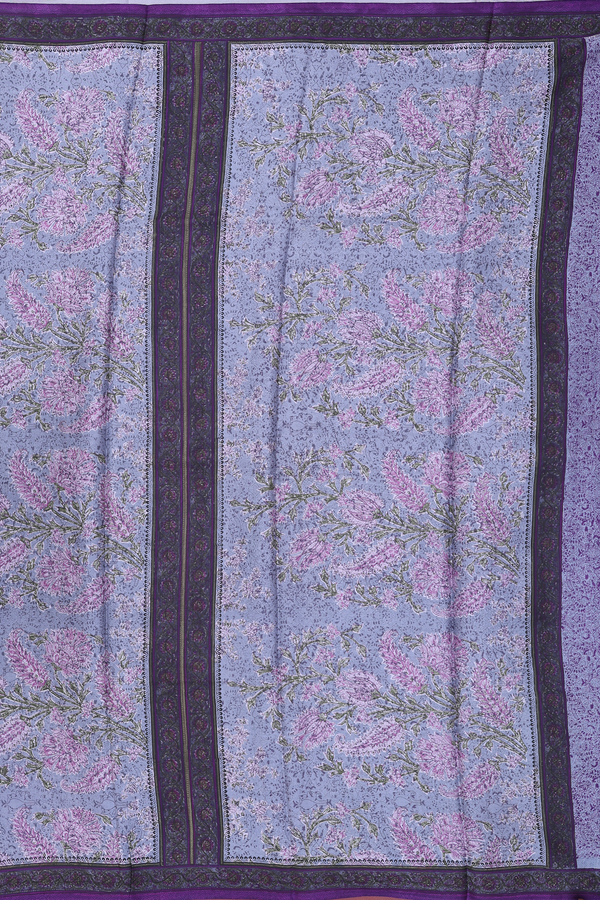 Printed Silk Saree In Light Grey With Floral Design