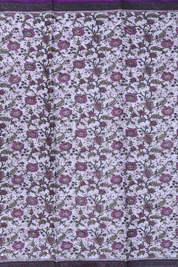 Printed Silk Saree In Light Grey With Floral Design