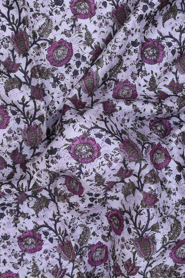 Printed Silk Saree In Light Grey With Floral Design