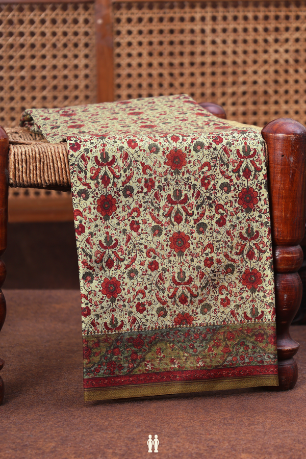 Printed Silk Saree In Light Green With Floral Design