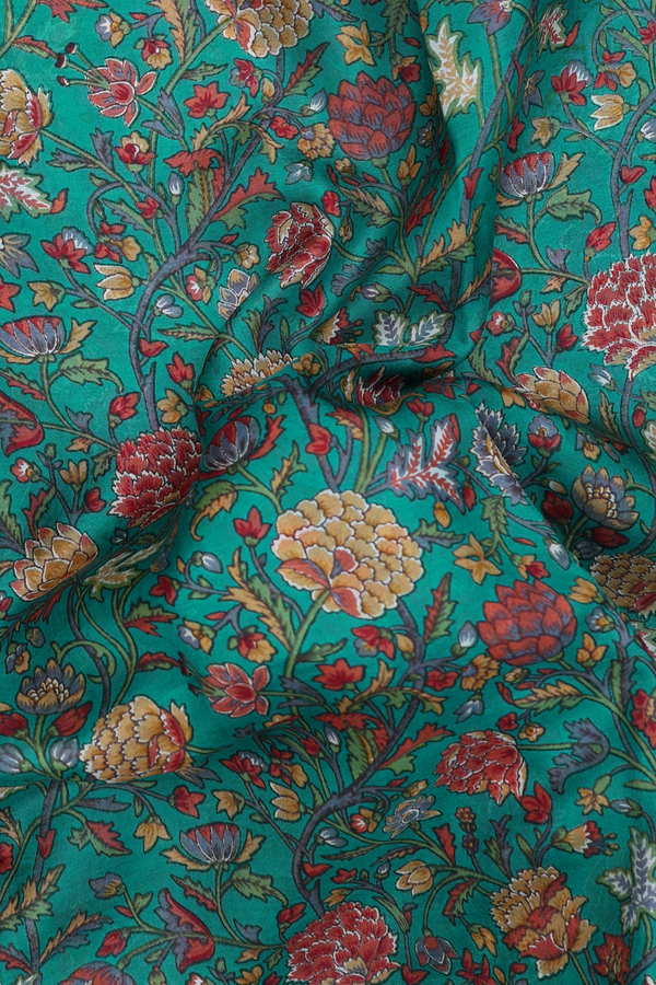 Printed Silk Saree In Teal Blue With Floral Design