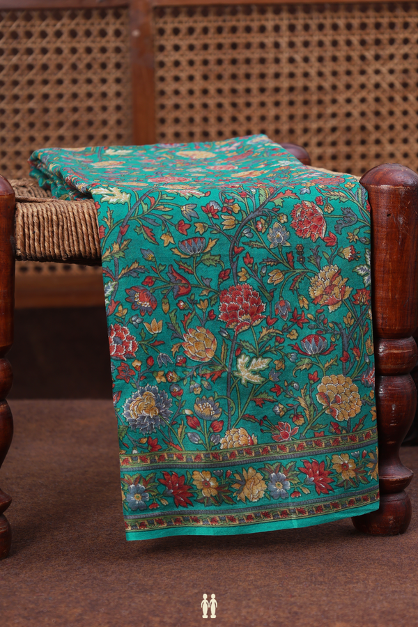 Printed Silk Saree In Teal Blue With Floral Design
