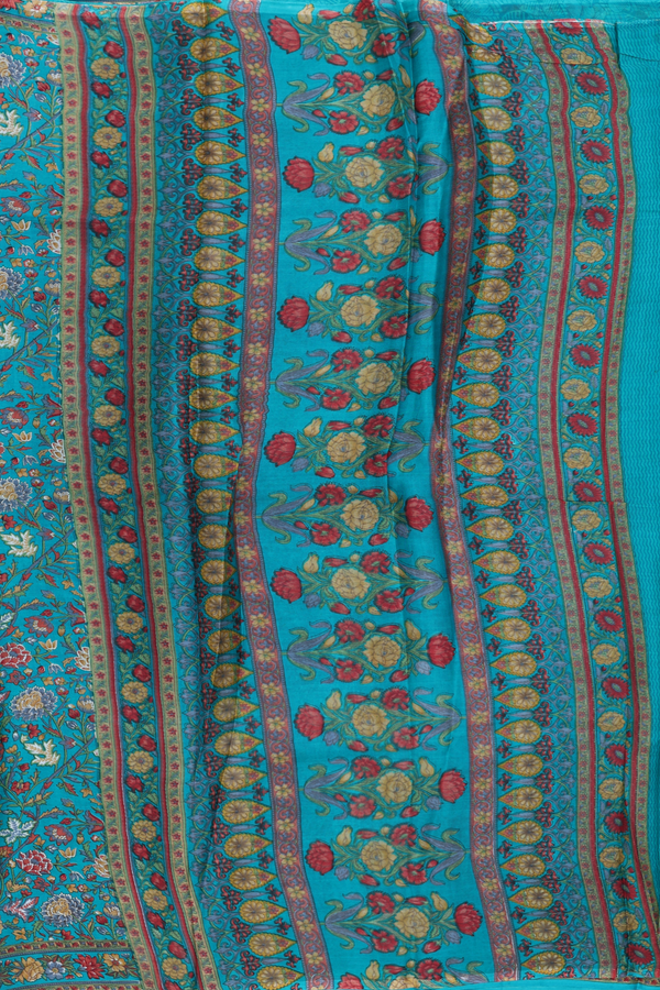 Printed Silk Saree In Teal Blue With Floral Design