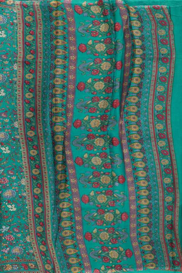 Printed Silk Saree In Teal Blue With Floral Design