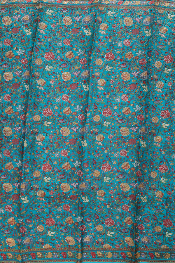 Printed Silk Saree In Teal Blue With Floral Design