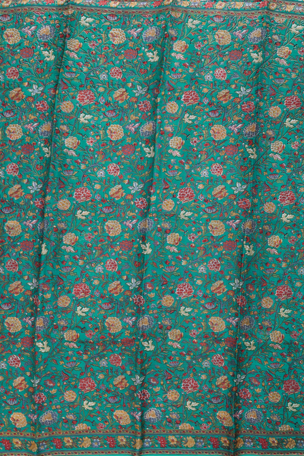 Printed Silk Saree In Teal Blue With Floral Design