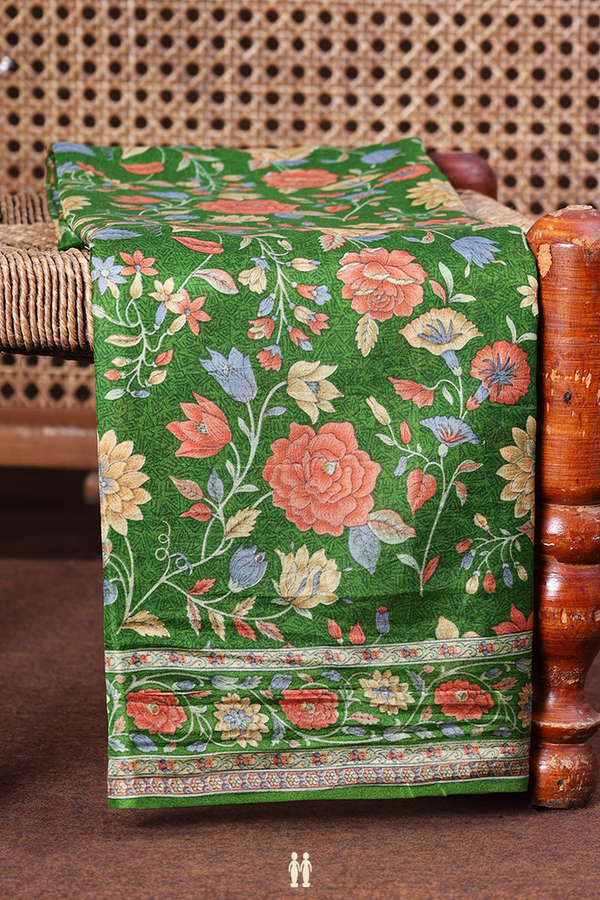 Printed Silk Saree In Leaf Green With Floral Design