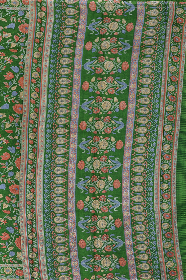 Printed Silk Saree In Leaf Green With Floral Design