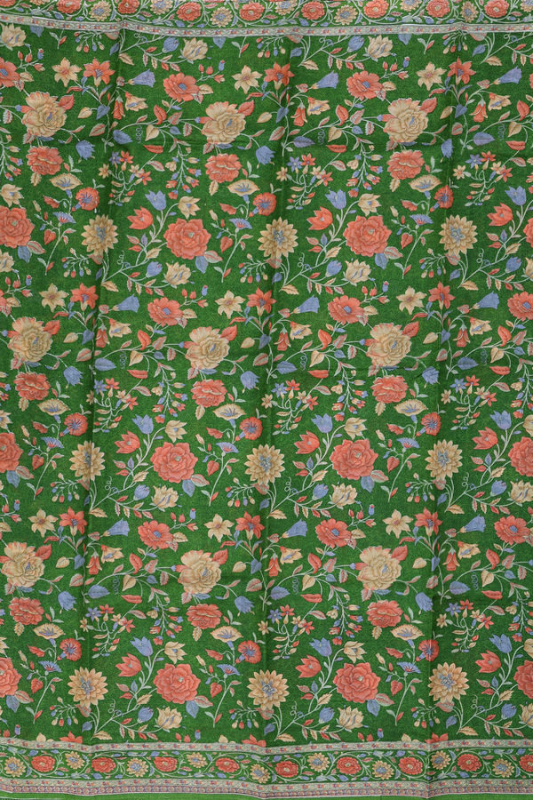 Printed Silk Saree In Leaf Green With Floral Design