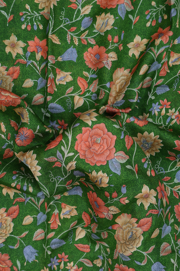 Printed Silk Saree In Leaf Green With Floral Design