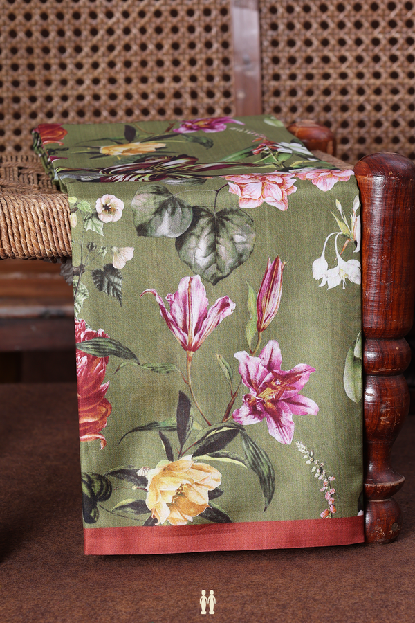 Printed Silk Saree In Green With Floral Design