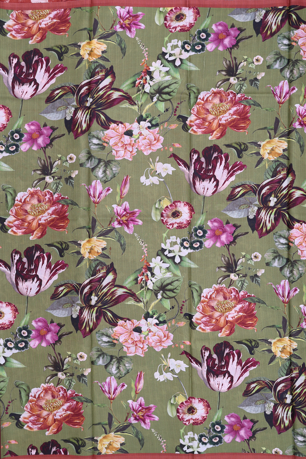 Printed Silk Saree In Green With Floral Design