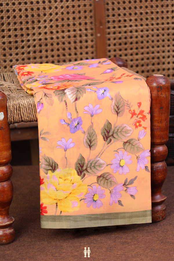 Printed Silk Saree In Orange With Floral Design