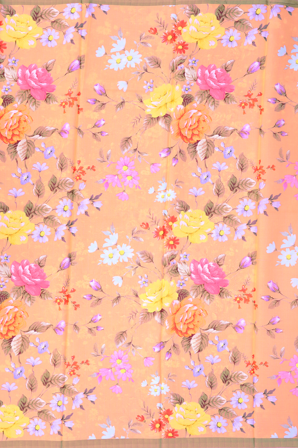 Printed Silk Saree In Orange With Floral Design