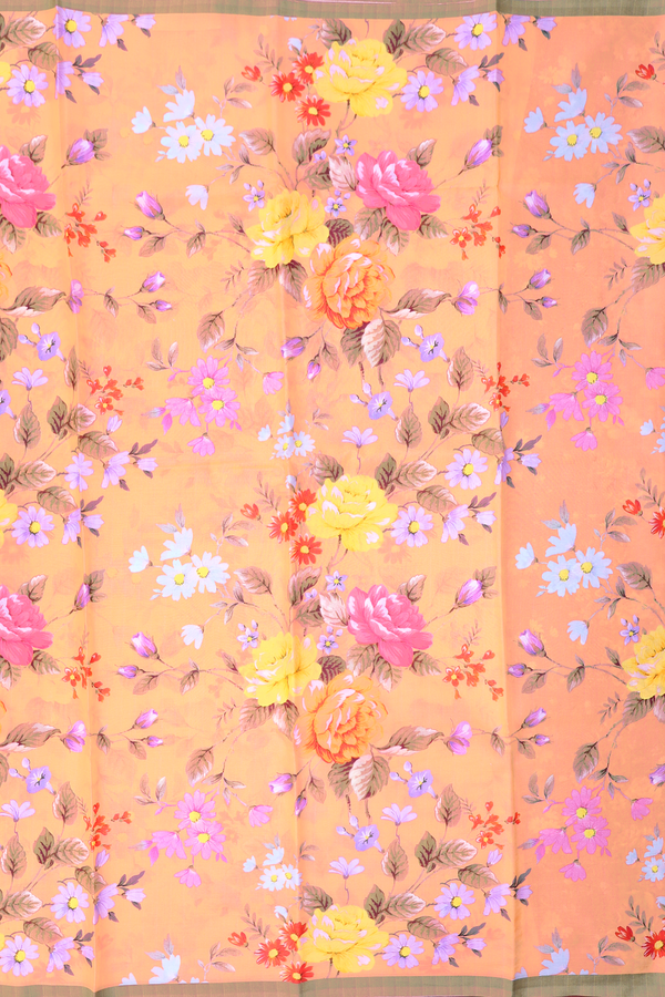 Printed Silk Saree In Orange With Floral Design
