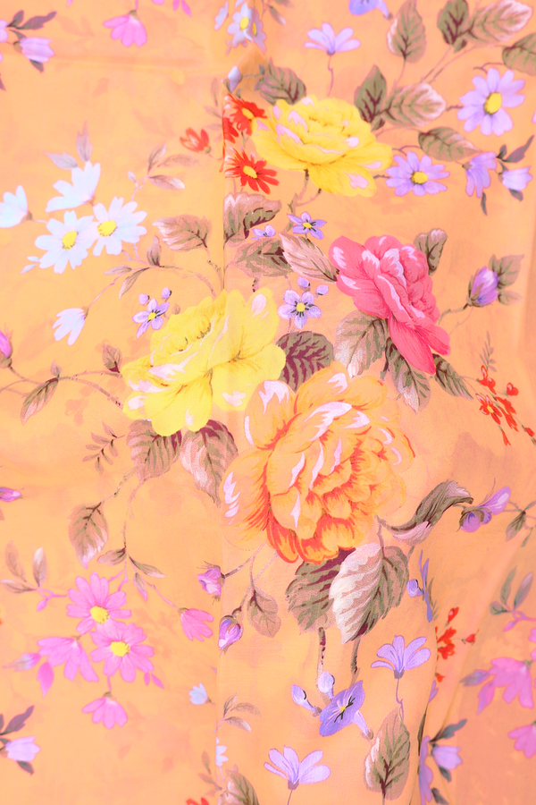 Printed Silk Saree In Orange With Floral Design