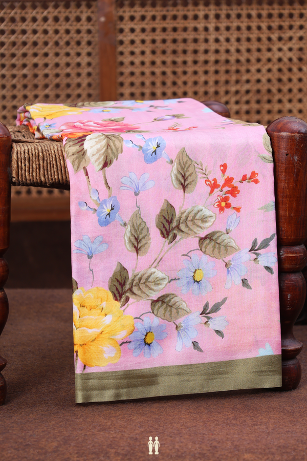 Printed Silk Saree In Pink With Floral Design
