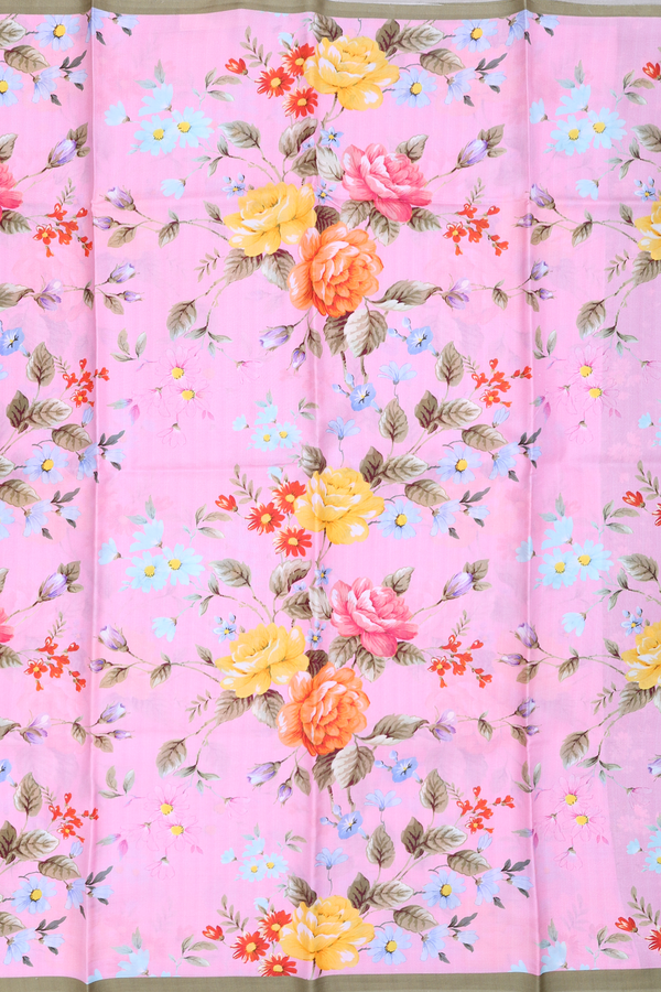 Printed Silk Saree In Pink With Floral Design