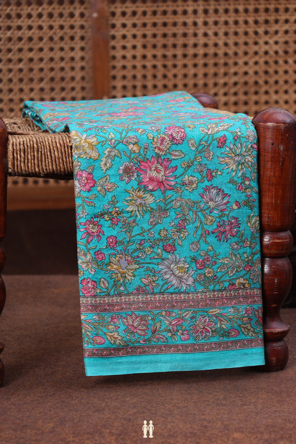 Printed Silk Saree In Turquoise Blue With Floral Design