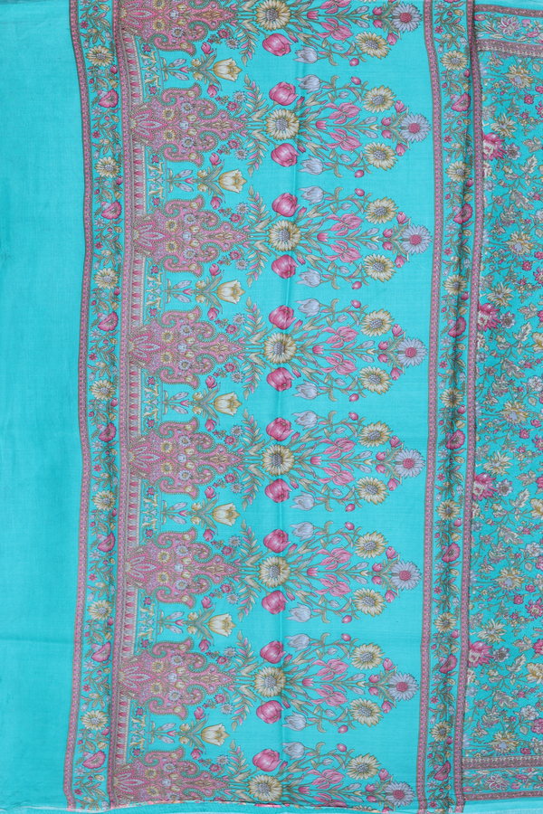 Printed Silk Saree In Turquoise Blue With Floral Design
