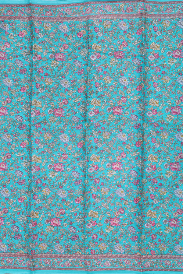 Printed Silk Saree In Turquoise Blue With Floral Design