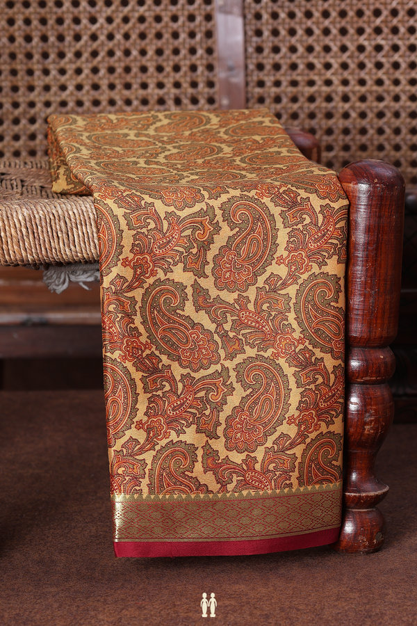 Mysore Silk Saree In Yellow With Paisley Printed Design