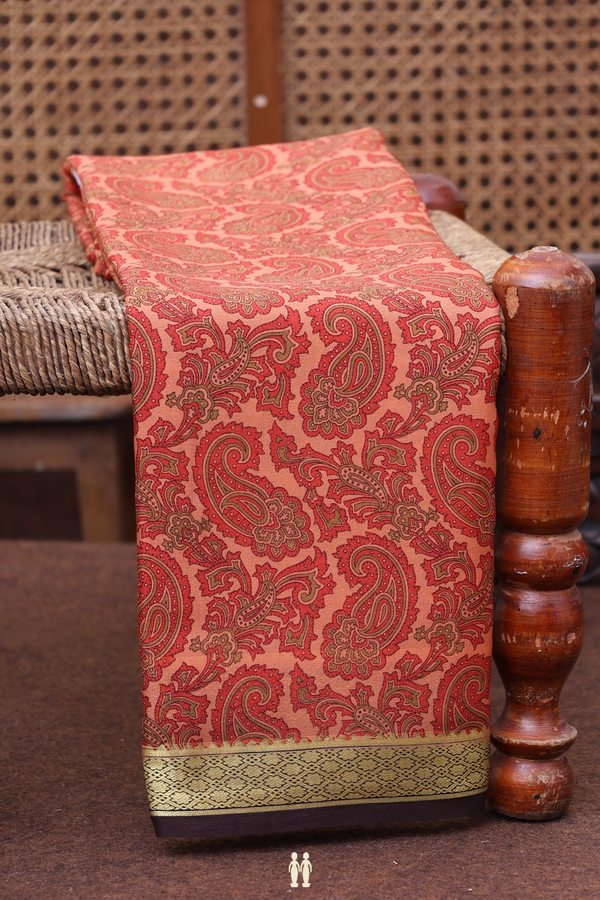 Printed Silk Saree In Red With Paisley Design