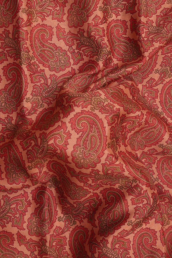 Printed Silk Saree In Red With Paisley Design