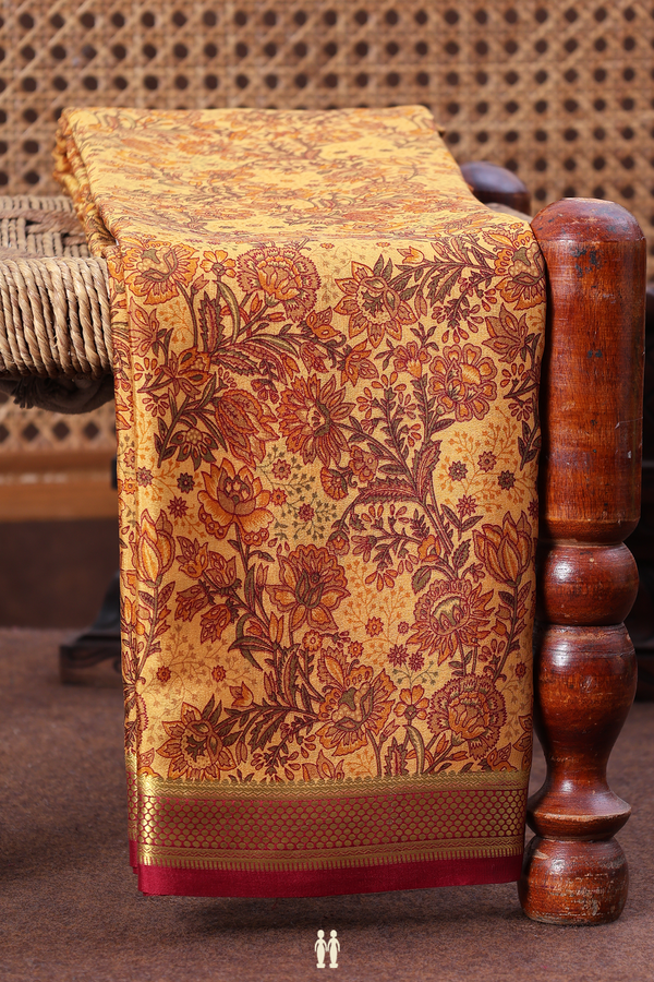 Mysore Silk Saree In Yellow With Floral Printed Design