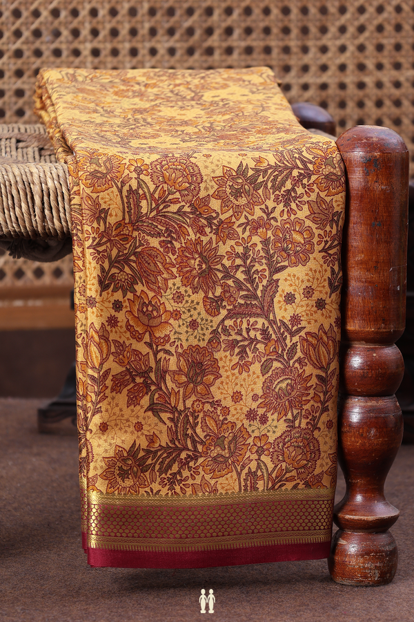 Mysore Silk Saree In Yellow With Floral Printed Design