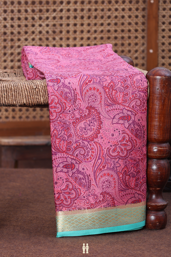 Printed Silk Saree In Pink With Paisley Design