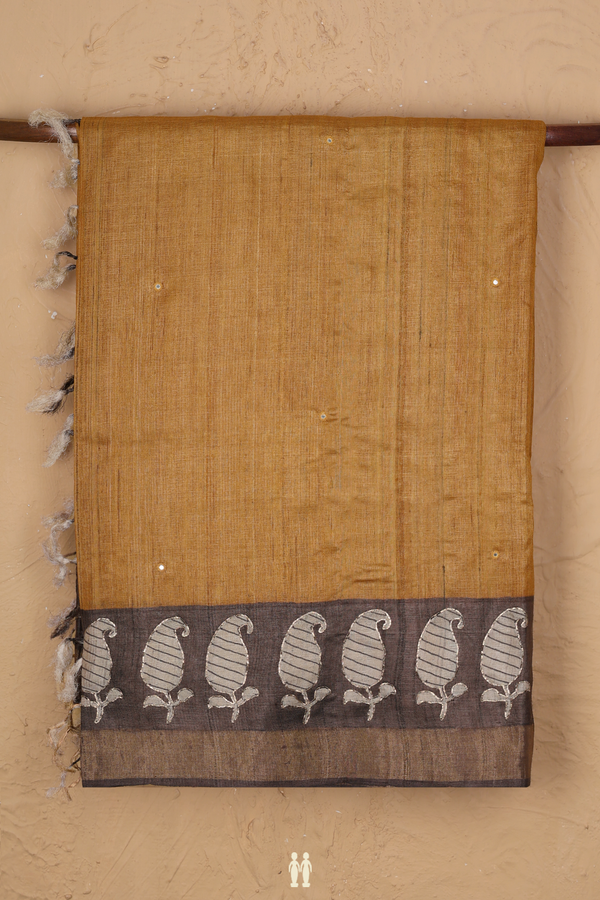 Tussar Silk Saree In Golden Brown With Mirror Work Buttas