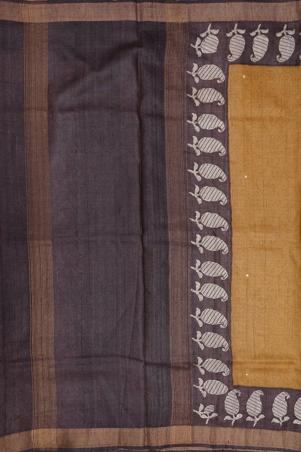 Tussar Silk Saree In Golden Brown With Mirror Work Buttas