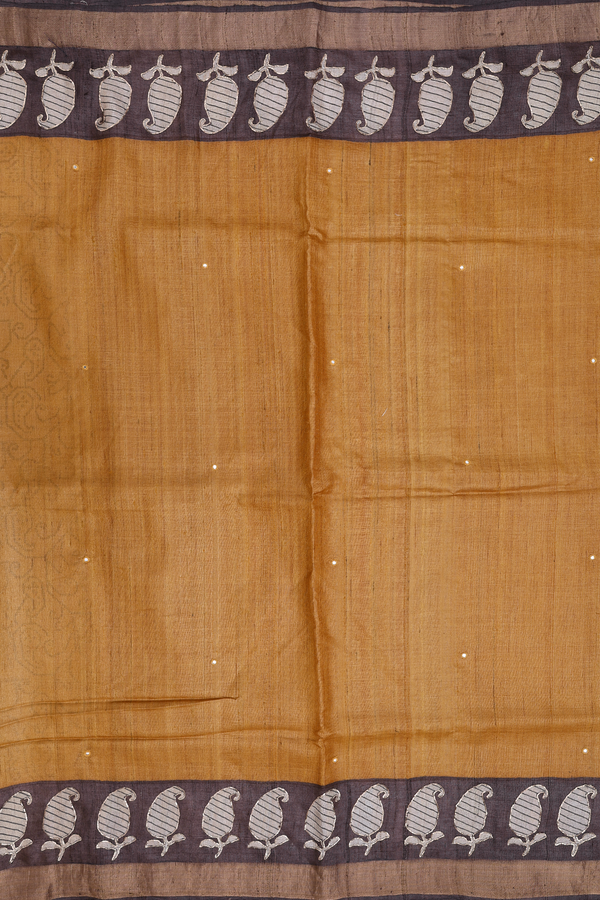 Tussar Silk Saree In Golden Brown With Mirror Work Buttas