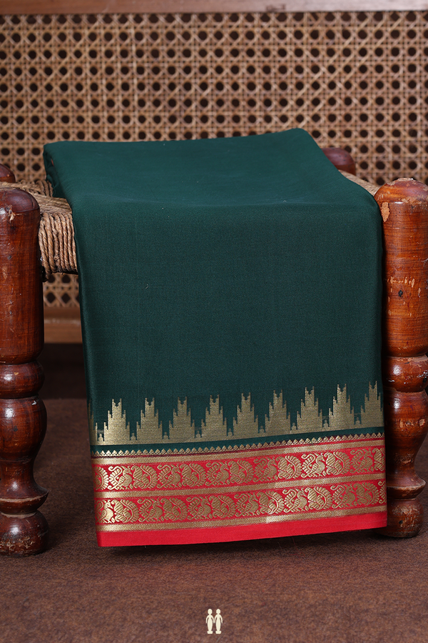 Mysore Silk Saree In Plain Dark Green With Contrast Border