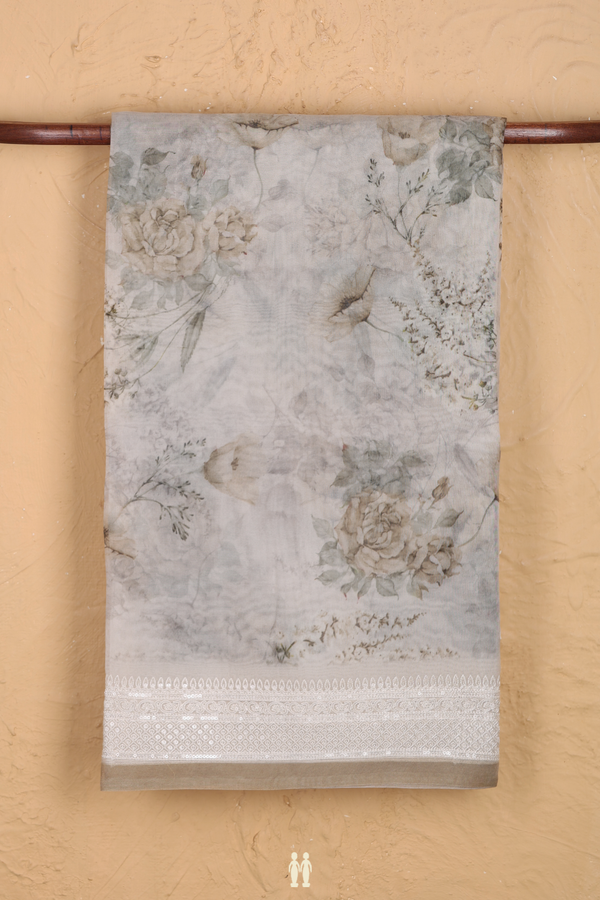 Organza Silk Saree In Light Grey With Floral Design