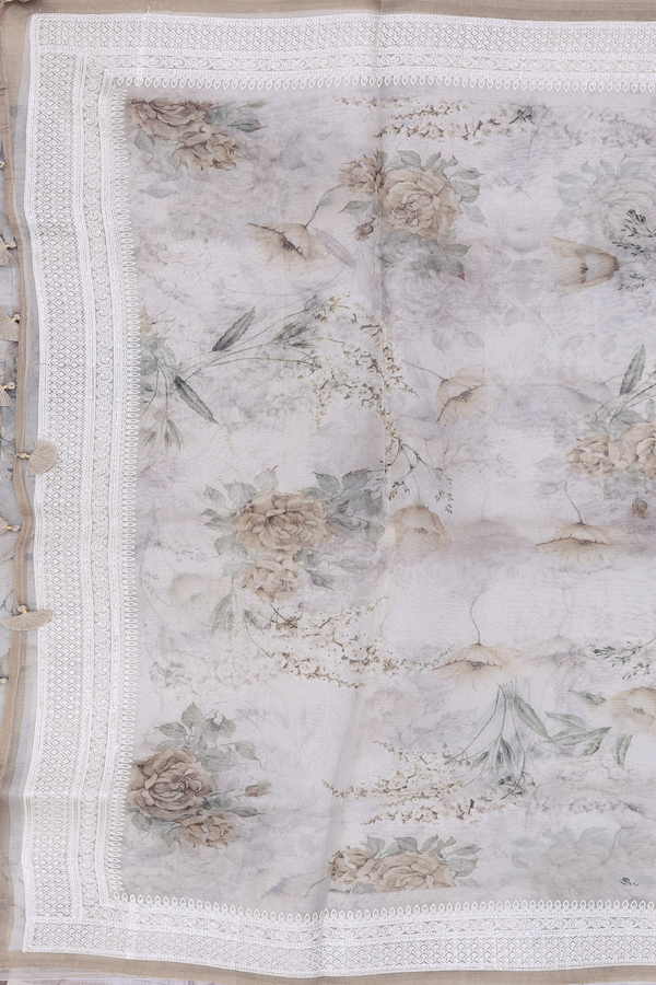 Organza Silk Saree In Light Grey With Floral Design