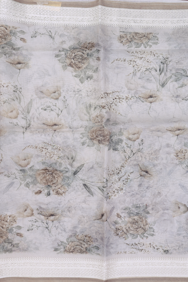 Organza Silk Saree In Light Grey With Floral Design