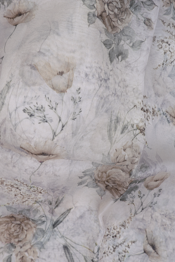 Organza Silk Saree In Light Grey With Floral Design