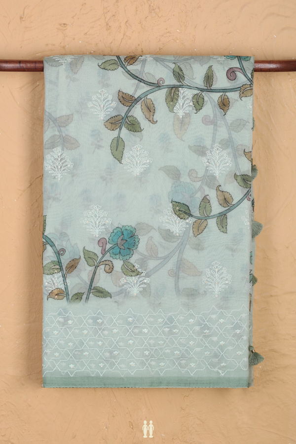 Organza Silk Saree In Pale Green With Floral Design