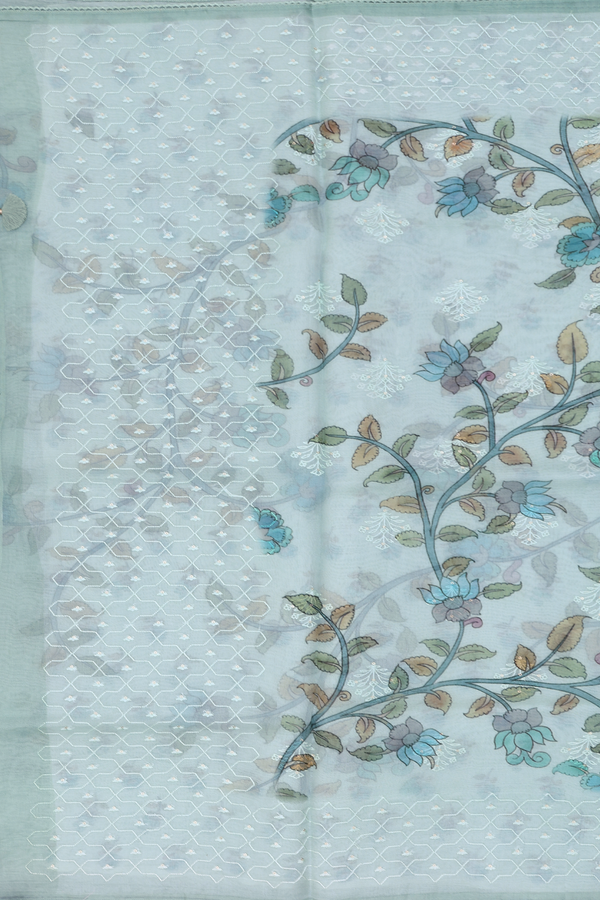 Organza Silk Saree In Pale Green With Floral Design