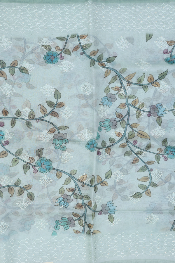 Organza Silk Saree In Pale Green With Floral Design