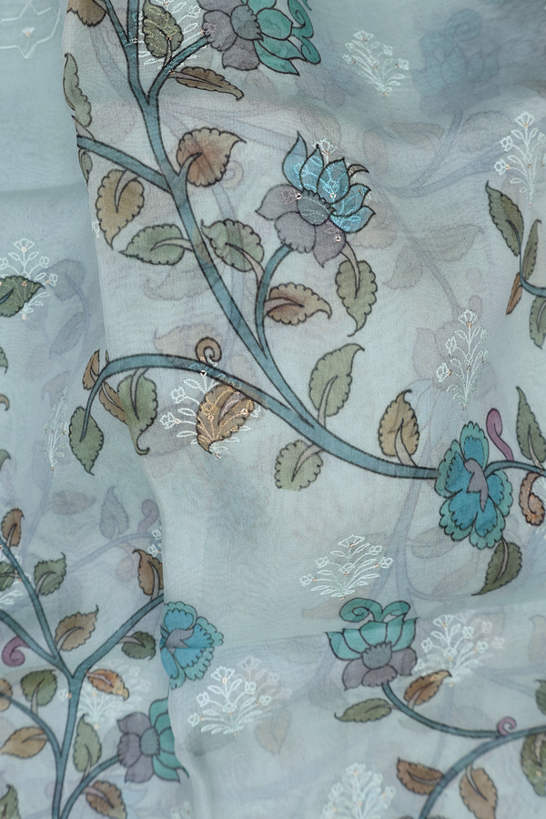 Organza Silk Saree In Pale Green With Floral Design