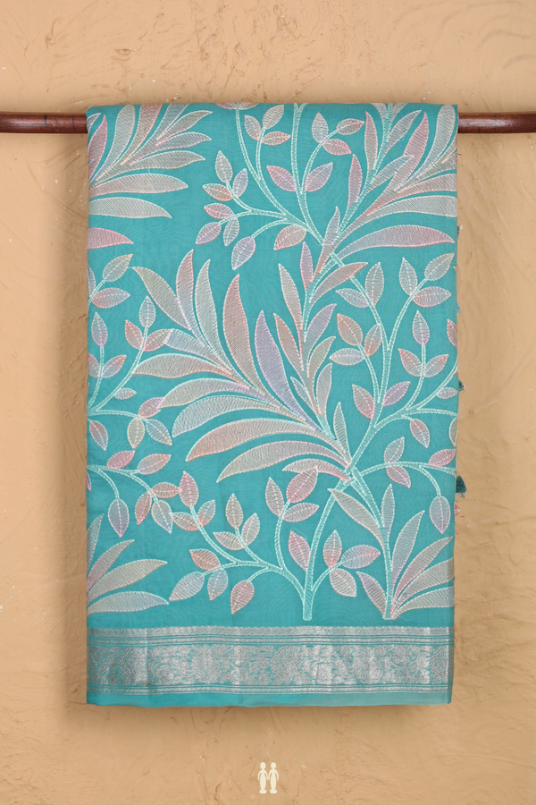 Organza Silk Saree In Turkish Blue With Leaf Design