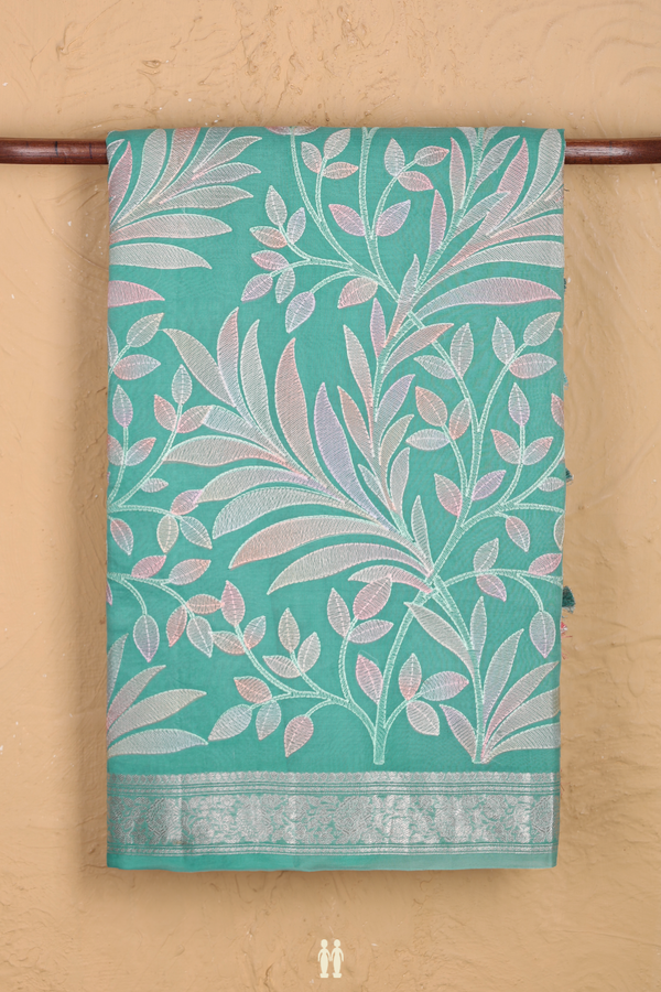 Organza Silk Saree In Turkish Blue With Leaf Design