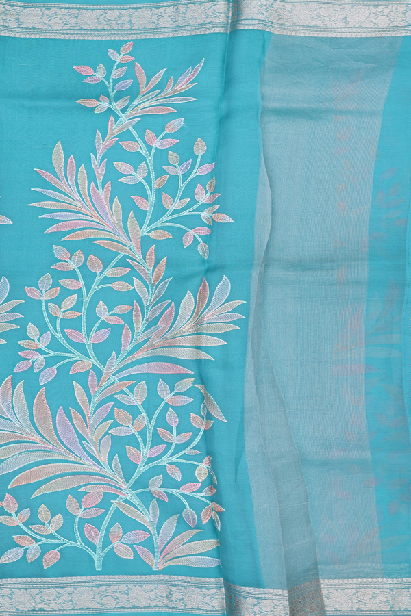Organza Silk Saree In Turkish Blue With Leaf Design