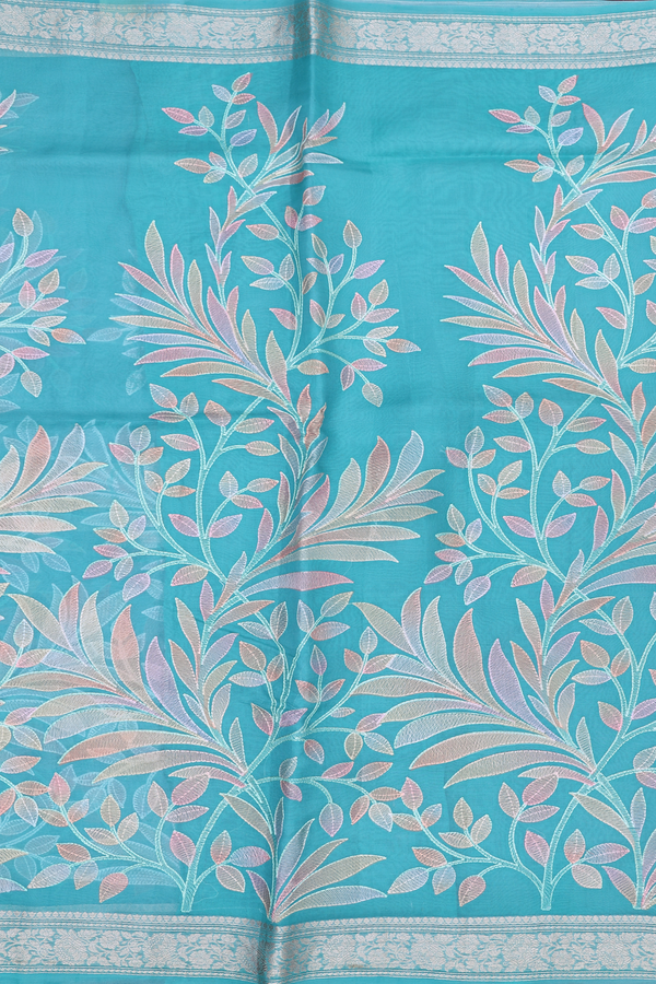 Organza Silk Saree In Turkish Blue With Leaf Design