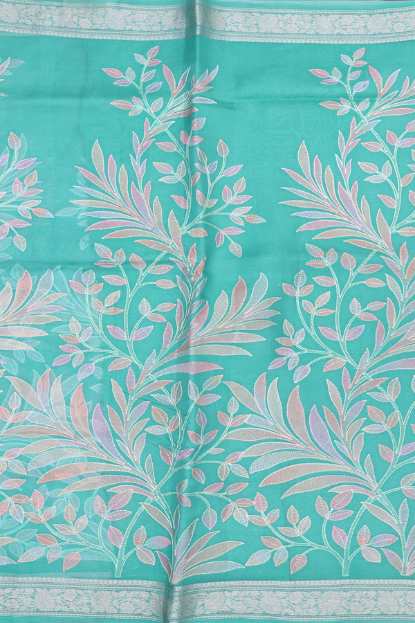 Organza Silk Saree In Turkish Blue With Leaf Design